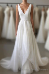 Simple White V Neck Tulle Long Semi Formal Prom Dress, White Evening Dress